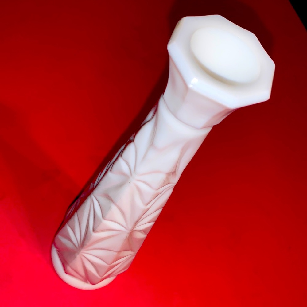 Milk Glass Vase with Starburst Pattern 9” Vintage 1960’s